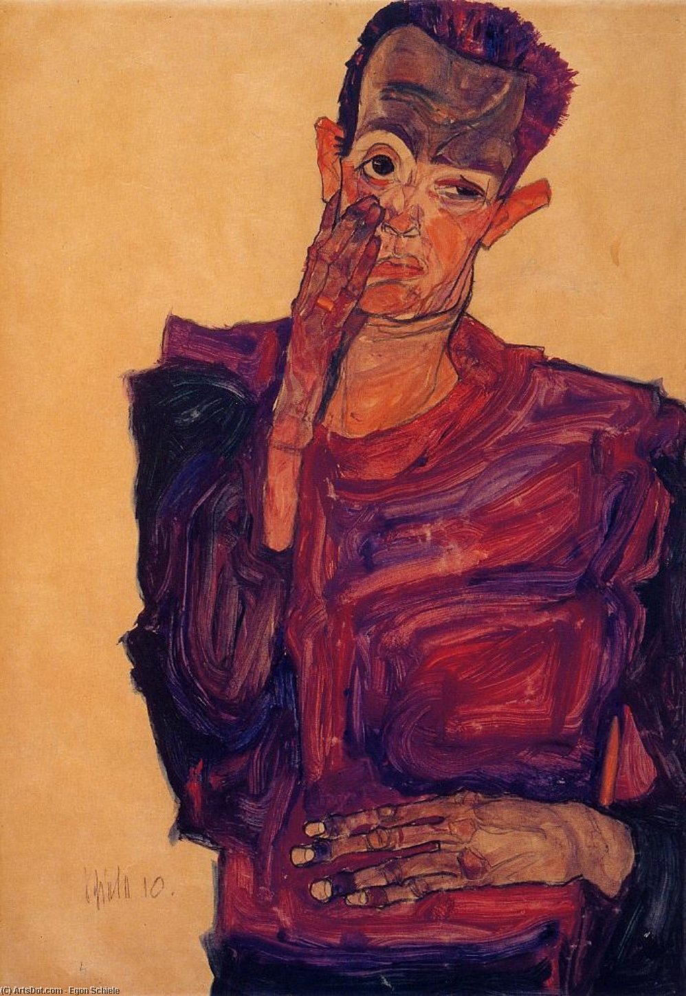 Wikioo.org - The Encyclopedia of Fine Arts - Painting, Artwork by Egon Schiele - Self Portrait with Hand to Cheek