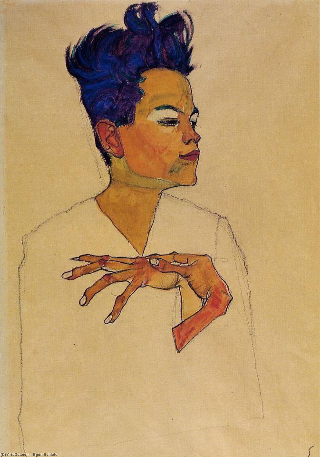 Wikioo.org - The Encyclopedia of Fine Arts - Painting, Artwork by Egon Schiele - Self Portrait with Hands on Chest