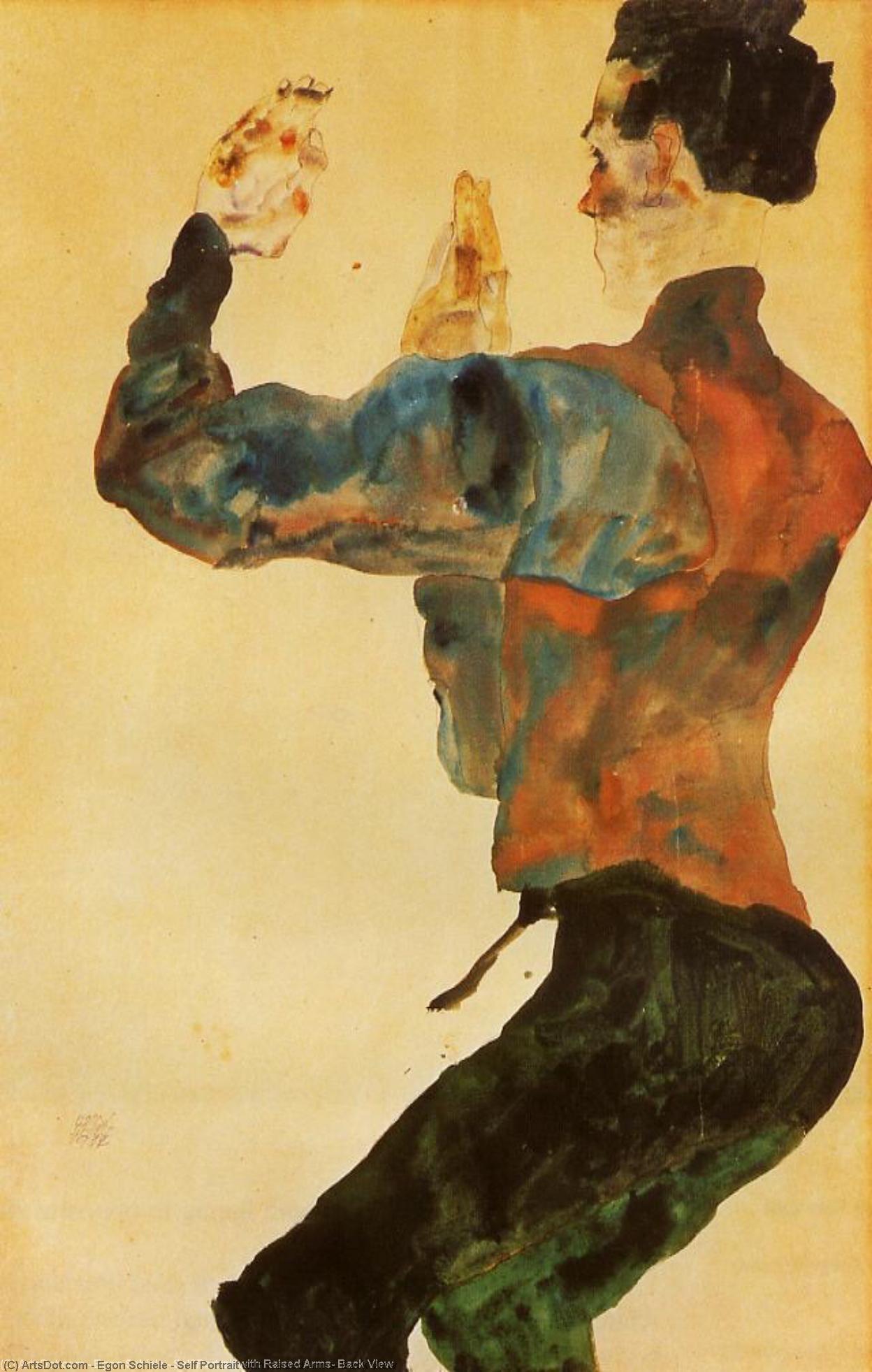 Wikioo.org - The Encyclopedia of Fine Arts - Painting, Artwork by Egon Schiele - Self Portrait with Raised Arms, Back View