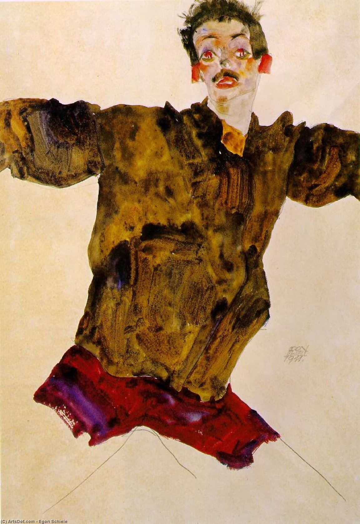 Wikioo.org - The Encyclopedia of Fine Arts - Painting, Artwork by Egon Schiele - Self-Portrait with Outstretched Arms1911
