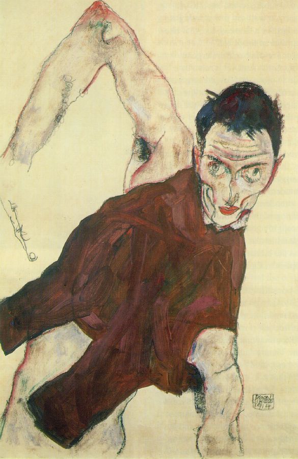 WikiOO.org - Encyclopedia of Fine Arts - Maleri, Artwork Egon Schiele - Self-Portrait with Raised Right Elbow1914