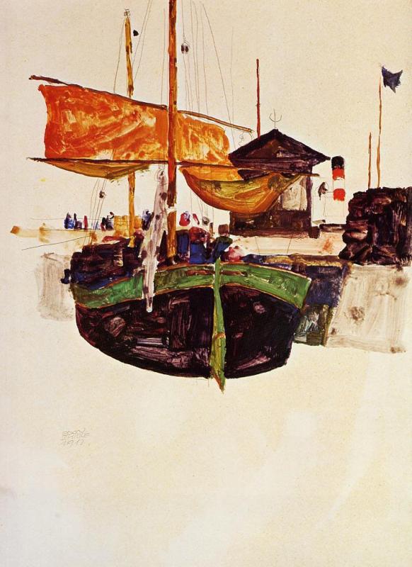 Wikioo.org - The Encyclopedia of Fine Arts - Painting, Artwork by Egon Schiele - Ships at Trieste