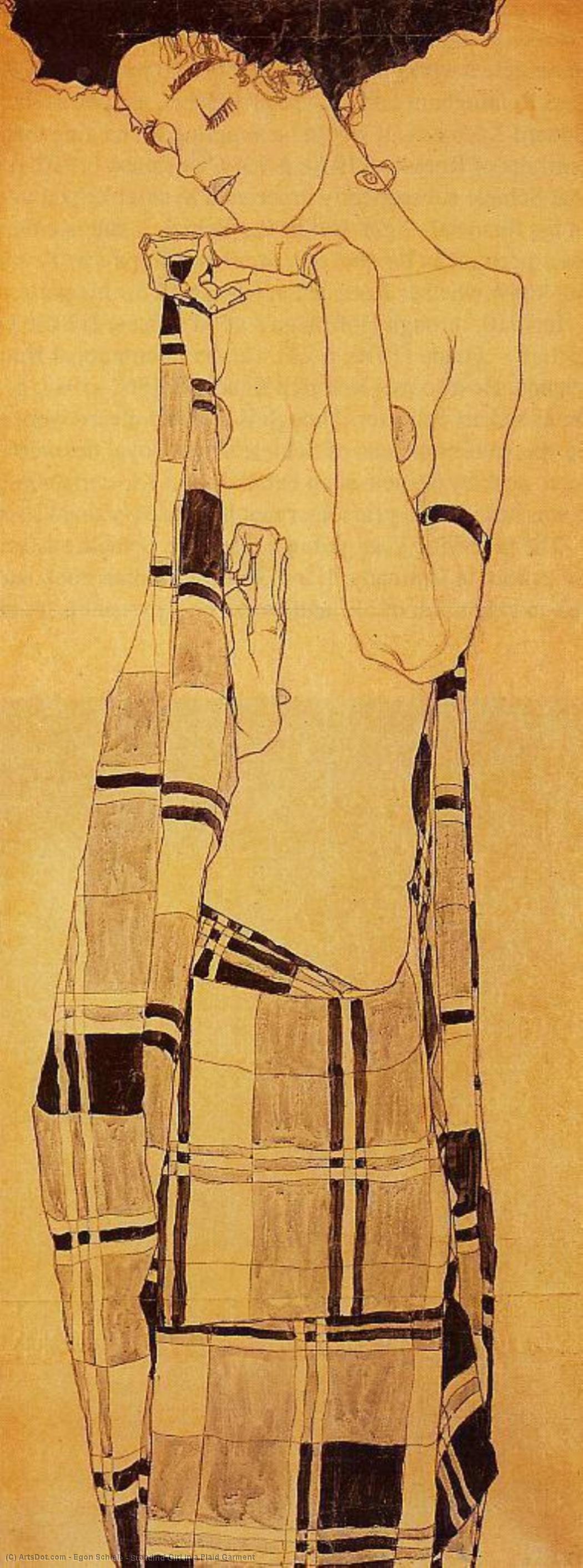 Wikioo.org – La Enciclopedia de las Bellas Artes - Pintura, Obras de arte de Egon Schiele - Standind Muchacha en una tela escocesa de la ropa