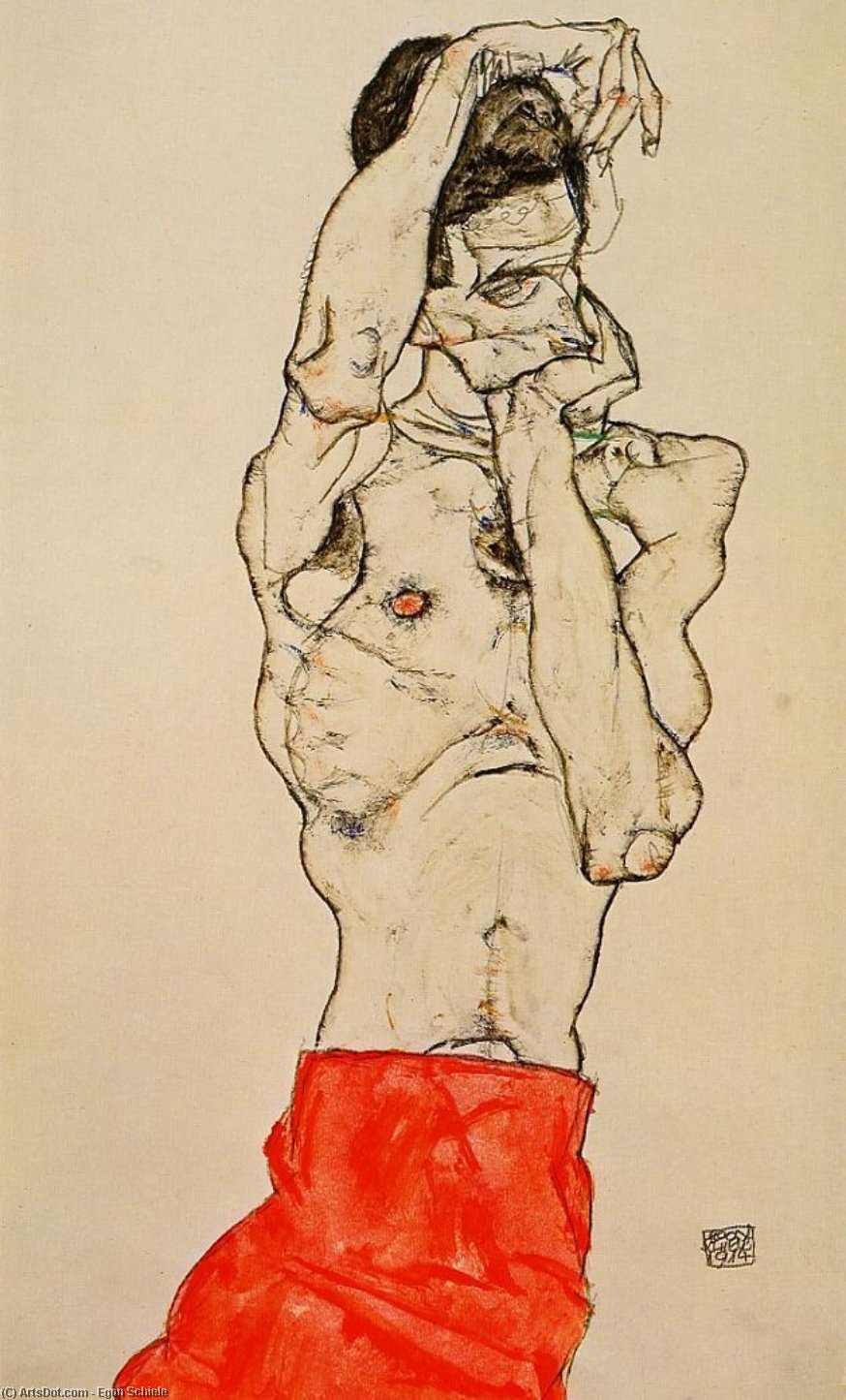 Wikioo.org - The Encyclopedia of Fine Arts - Painting, Artwork by Egon Schiele - Standing Male Nude with a Red Loincloth