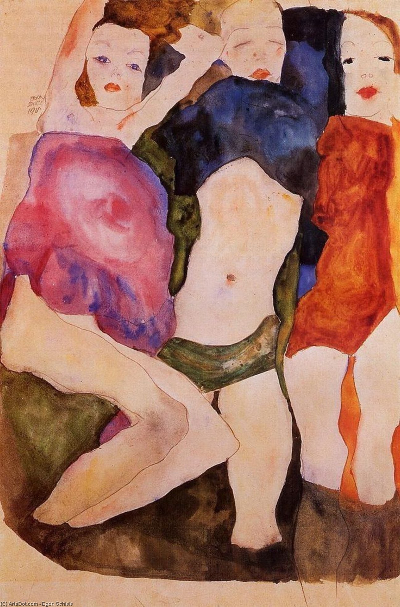 Wikoo.org - موسوعة الفنون الجميلة - اللوحة، العمل الفني Egon Schiele - Three Girls