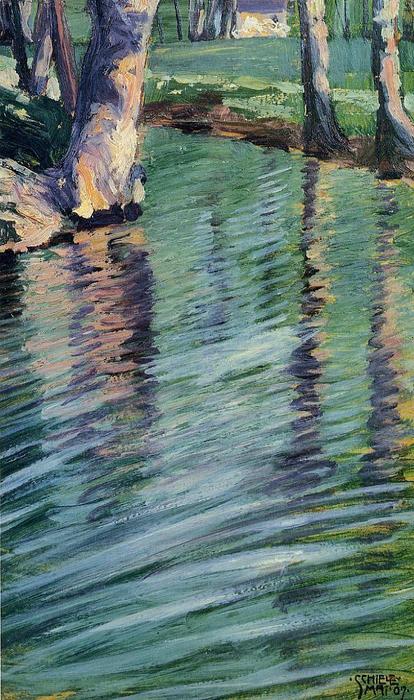 WikiOO.org – 美術百科全書 - 繪畫，作品 Egon Schiele - 树 镜像  在  一个  池塘