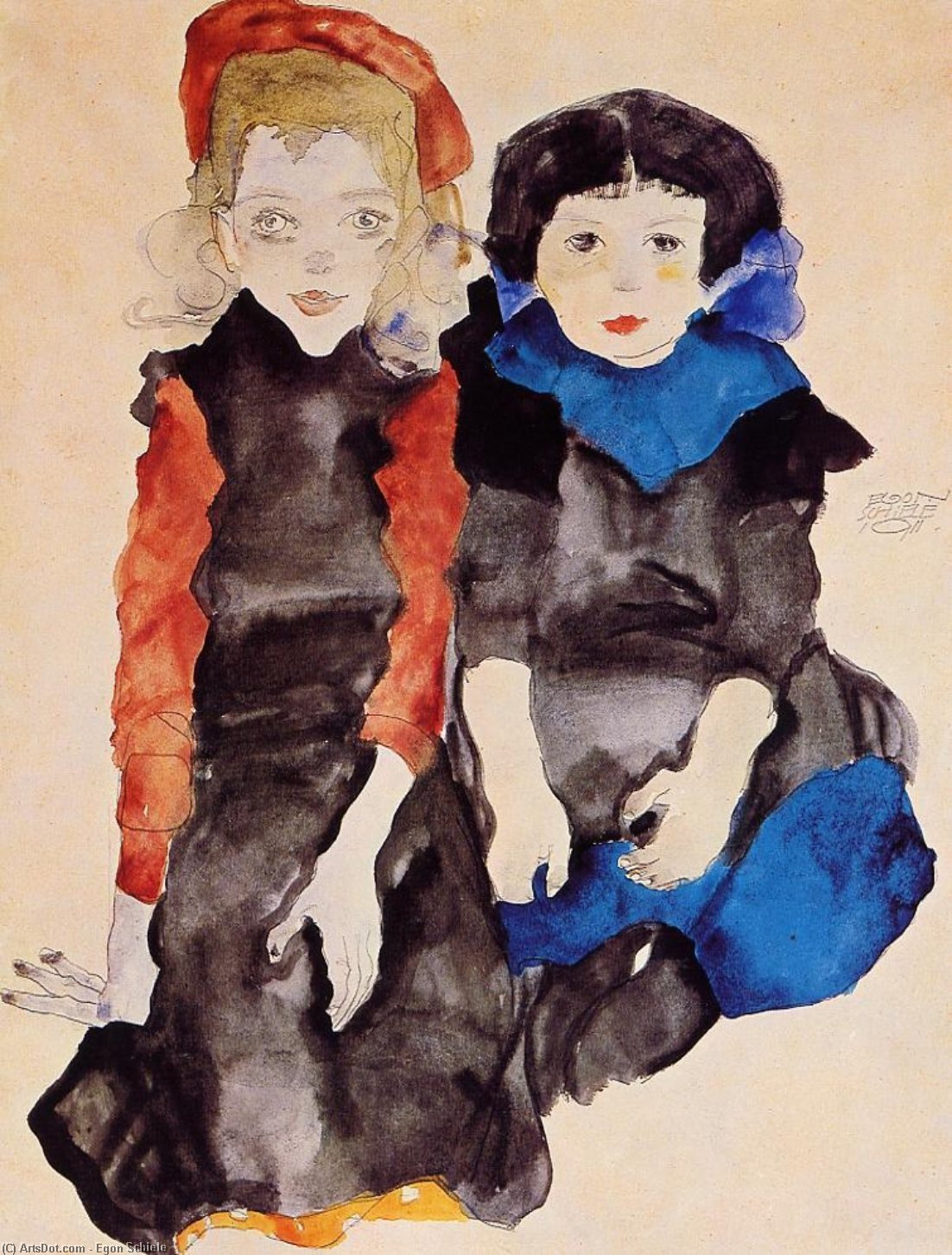 Wikioo.org - The Encyclopedia of Fine Arts - Painting, Artwork by Egon Schiele - Two Little Girls