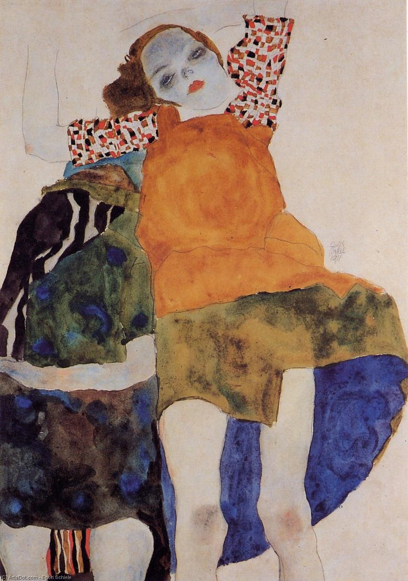 Wikioo.org - The Encyclopedia of Fine Arts - Painting, Artwork by Egon Schiele - Two Seated Girls