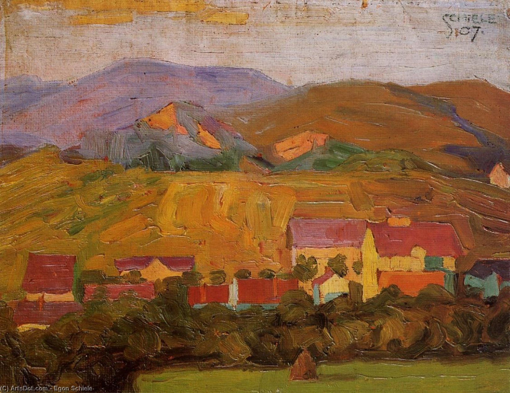 Wikioo.org – La Enciclopedia de las Bellas Artes - Pintura, Obras de arte de Egon Schiele - Village con las montañas