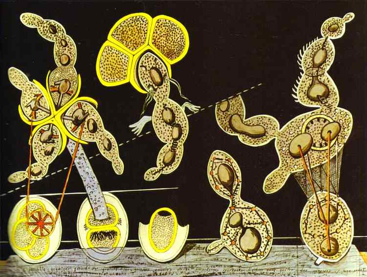 Wikioo.org - The Encyclopedia of Fine Arts - Painting, Artwork by Max Ernst - The Gramineous Bicycle Garnished with Bells the Dappled Fire Damps and the Echinoderms Bending