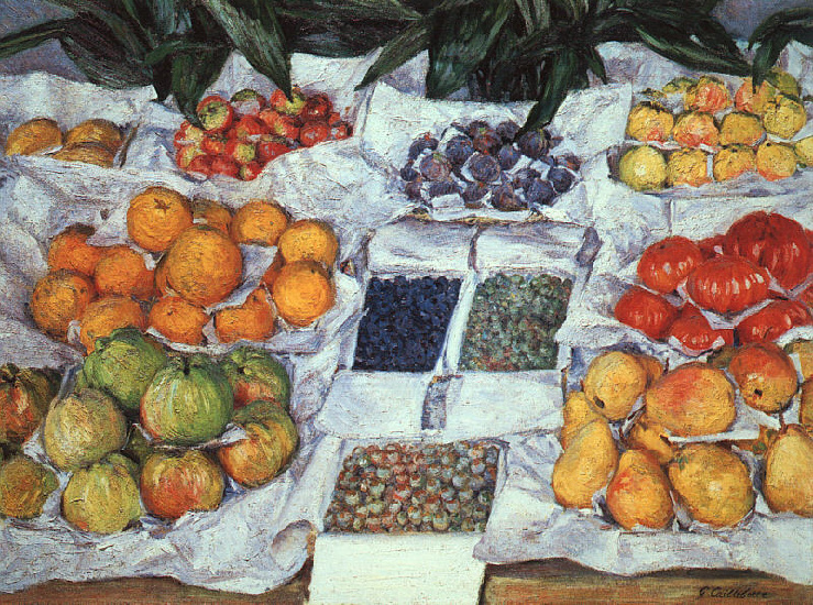 Wikioo.org – L'Encyclopédie des Beaux Arts - Peinture, Oeuvre de Gustave Caillebotte - fruits affiché  sur  une  stand se tenir droit