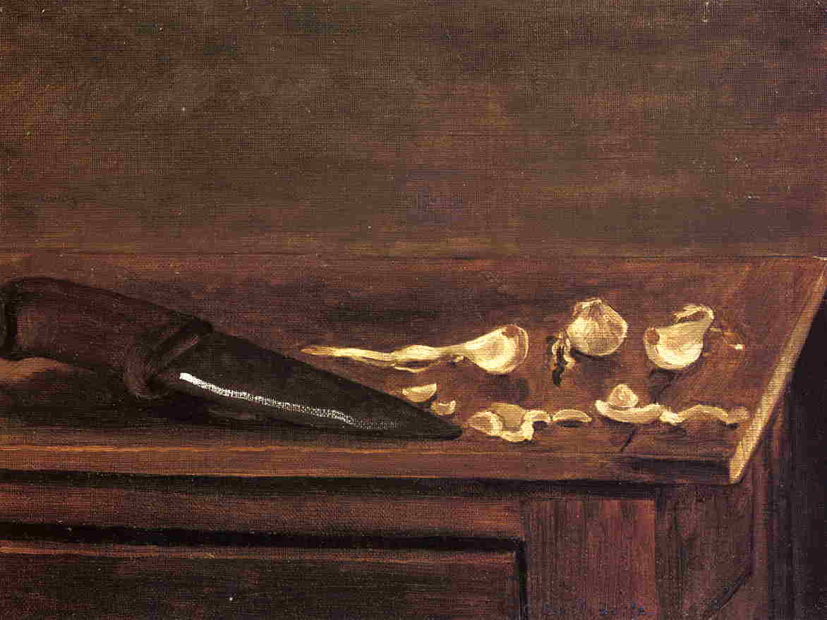 Wikioo.org – L'Encyclopédie des Beaux Arts - Peinture, Oeuvre de Gustave Caillebotte - Galic clous de girofle et couteau sur le coin d une table
