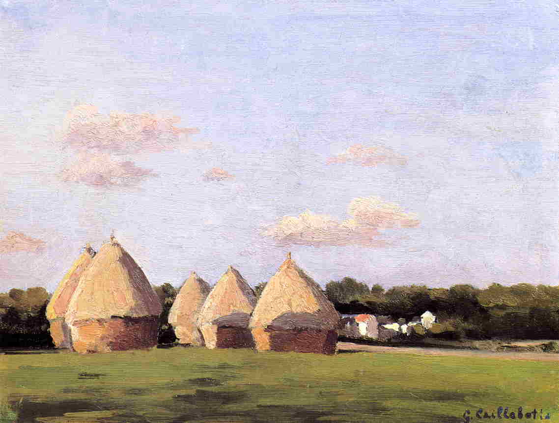 Wikioo.org - The Encyclopedia of Fine Arts - Painting, Artwork by Gustave Caillebotte - Harvest, Landscape with Five Haystacks