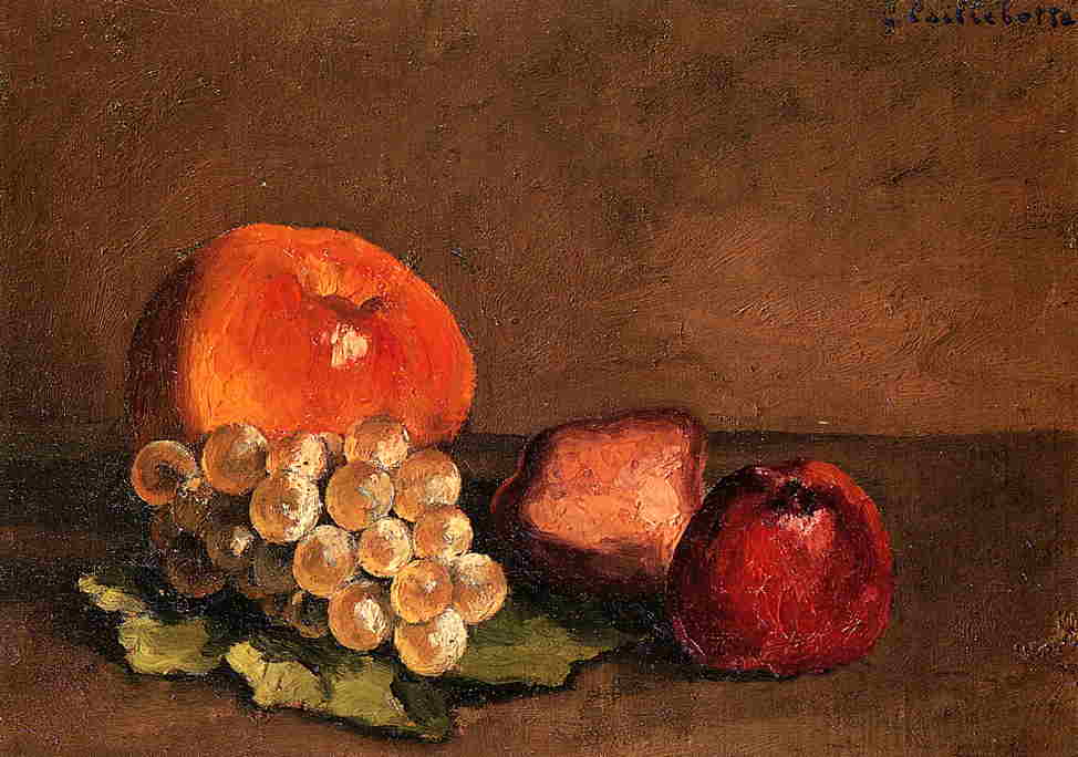 Wikioo.org - The Encyclopedia of Fine Arts - Painting, Artwork by Gustave Caillebotte - Peaches, Apples and Grapes on a Vine Leaf