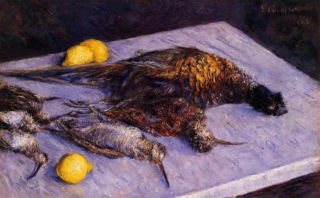 Wikioo.org - The Encyclopedia of Fine Arts - Painting, Artwork by Gustave Caillebotte - Pheasants and Woodcocks on a Marble Table