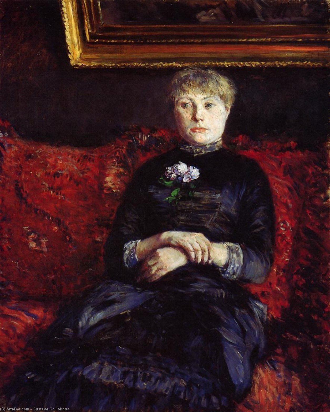 Wikioo.org - The Encyclopedia of Fine Arts - Painting, Artwork by Gustave Caillebotte - Woman Sitting on a Red-Flowered Sofa 02