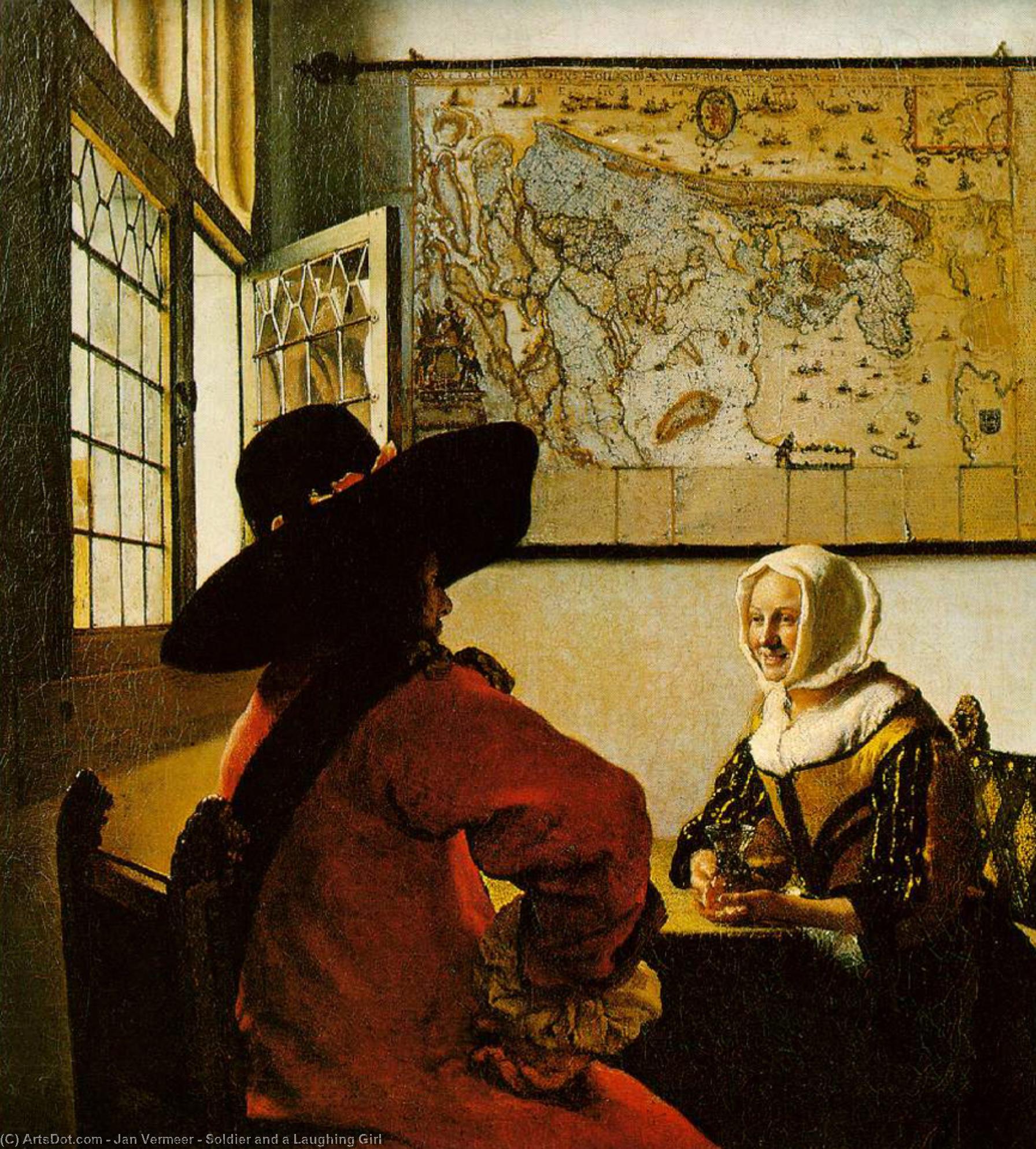 Wikioo.org - Die Enzyklopädie bildender Kunst - Malerei, Kunstwerk von Jan Vermeer - soldat und ein lachendes mädchen