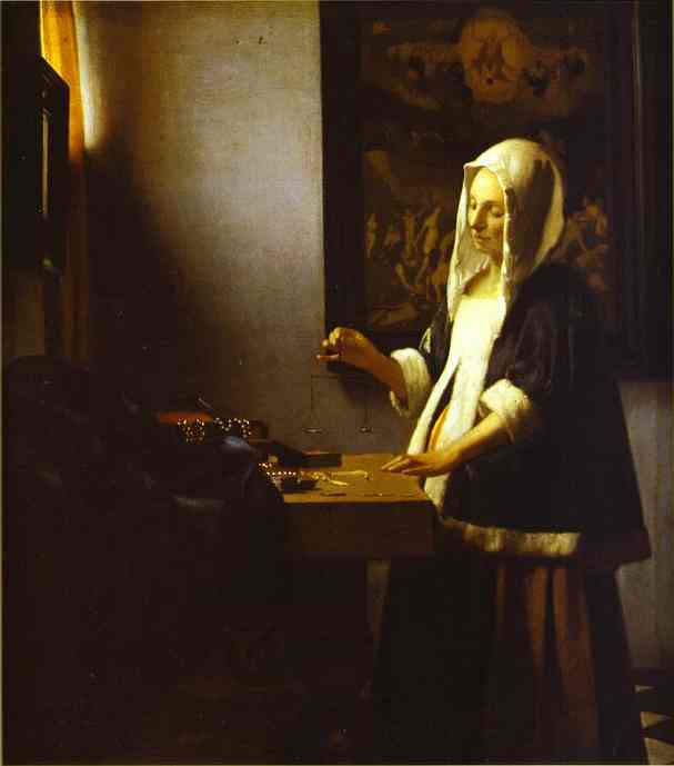 WikiOO.org - Encyclopedia of Fine Arts - Schilderen, Artwork Jan Vermeer - Woman Weighing Pearls