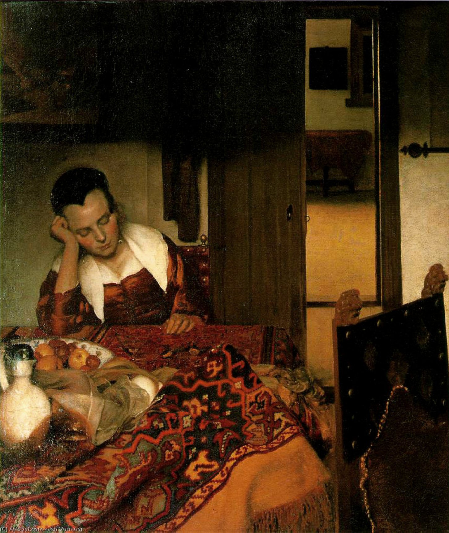 WikiOO.org - Encyclopedia of Fine Arts - Maleri, Artwork Jan Vermeer - Girl asleep at a table