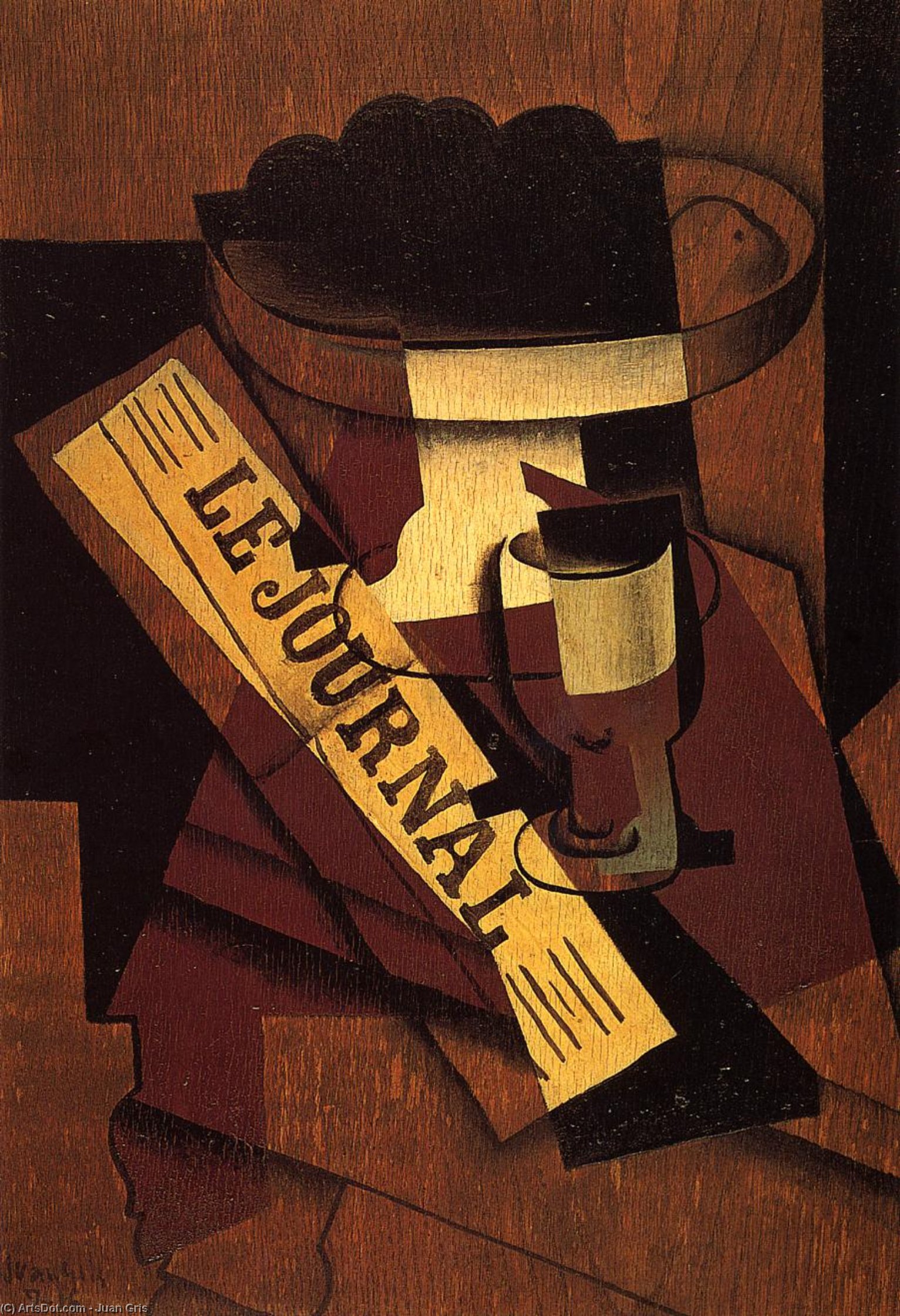 Wikioo.org - The Encyclopedia of Fine Arts - Painting, Artwork by Juan Gris - Fruit Dish, Glass and Newspaper
