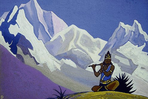 Wikioo.org - The Encyclopedia of Fine Arts - Painting, Artwork by Nicholas Roerich - Krishna. Magic flute.