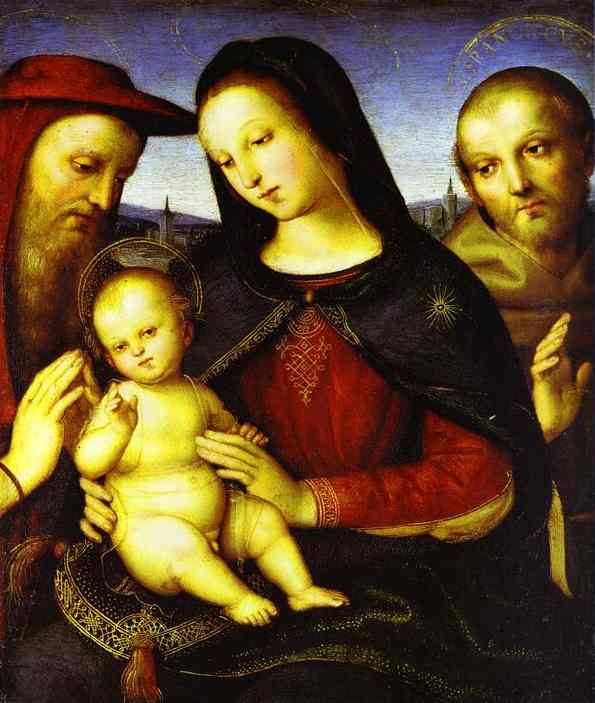 Wikioo.org - The Encyclopedia of Fine Arts - Painting, Artwork by Raphael (Raffaello Sanzio Da Urbino) - Madonna with the Christ Child Blessing and St. Jerome and St. Francis (Von der Ropp Madonna)