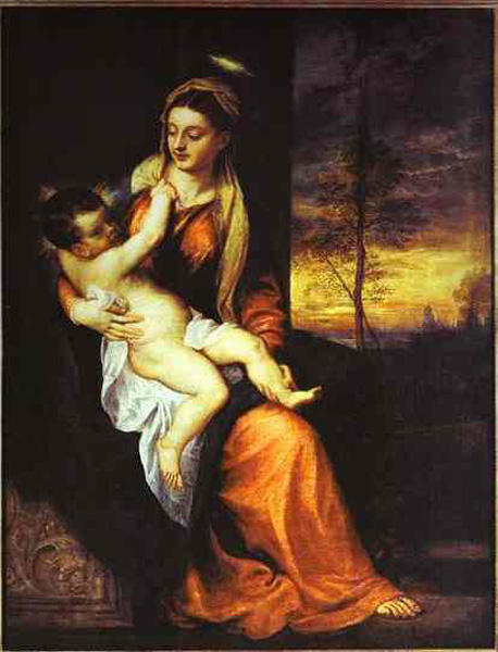 WikiOO.org - 百科事典 - 絵画、アートワーク Tiziano Vecellio (Titian) - マドンナと子供 には 夕方 風景