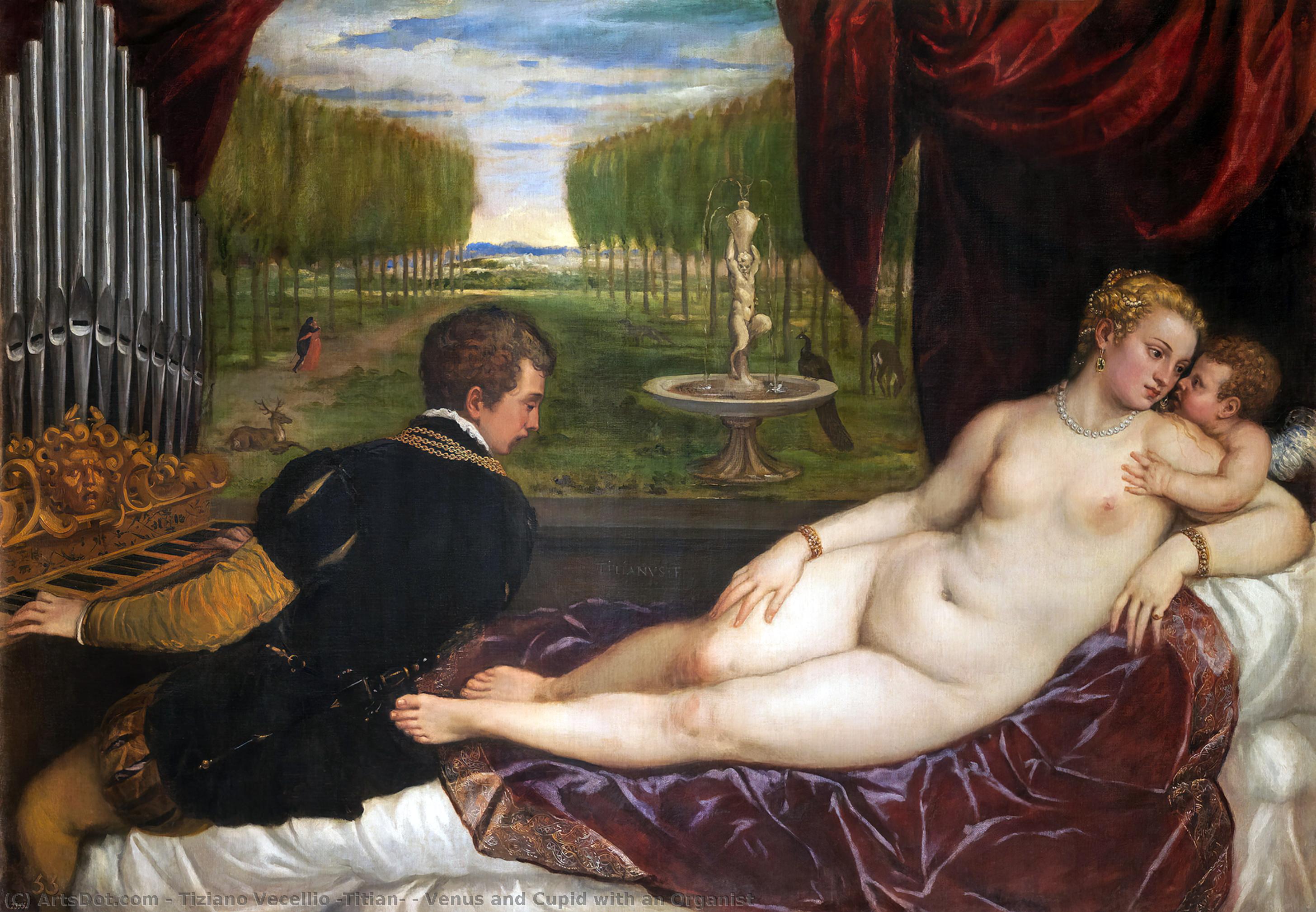 Wikioo.org - Die Enzyklopädie bildender Kunst - Malerei, Kunstwerk von Tiziano Vecellio (Titian) - Venus und Cupido mit einer Organist