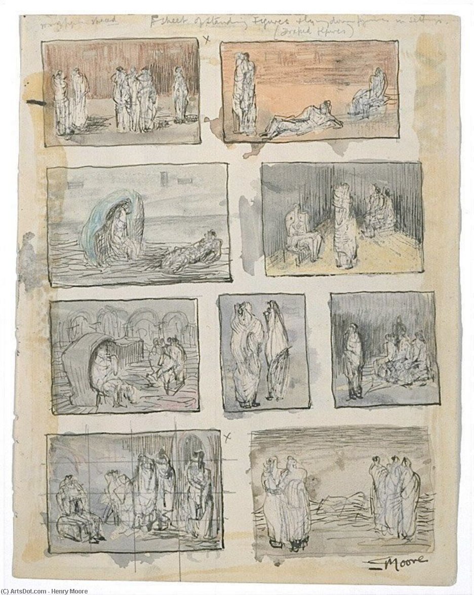 Wikioo.org - สารานุกรมวิจิตรศิลป์ - จิตรกรรม Henry Moore - Nine Studies of Figures in Landscapes