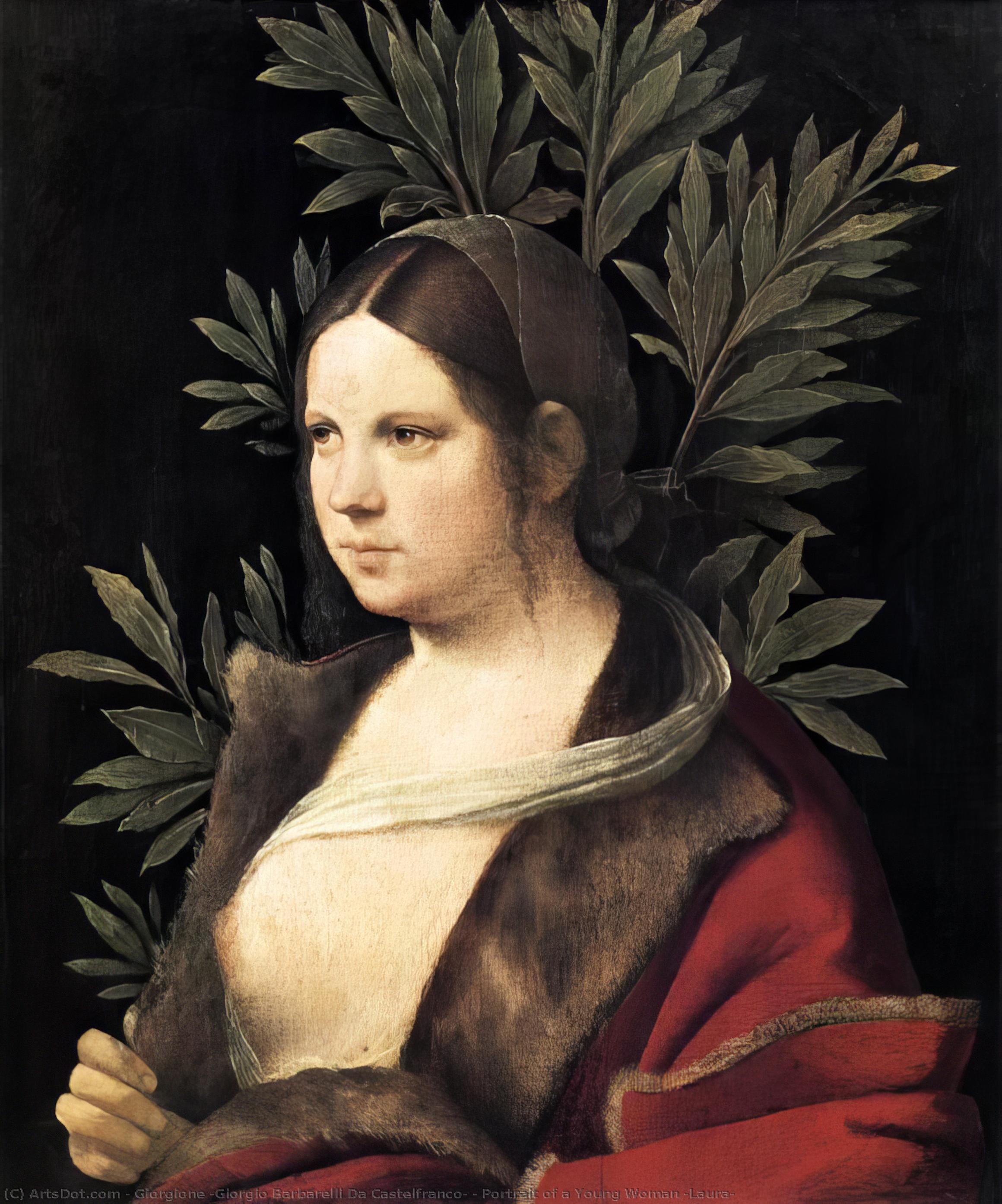 Wikioo.org – La Enciclopedia de las Bellas Artes - Pintura, Obras de arte de Giorgione (Giorgio Barbarelli Da Castelfranco) - retrato de una mujer joven ( Laura )