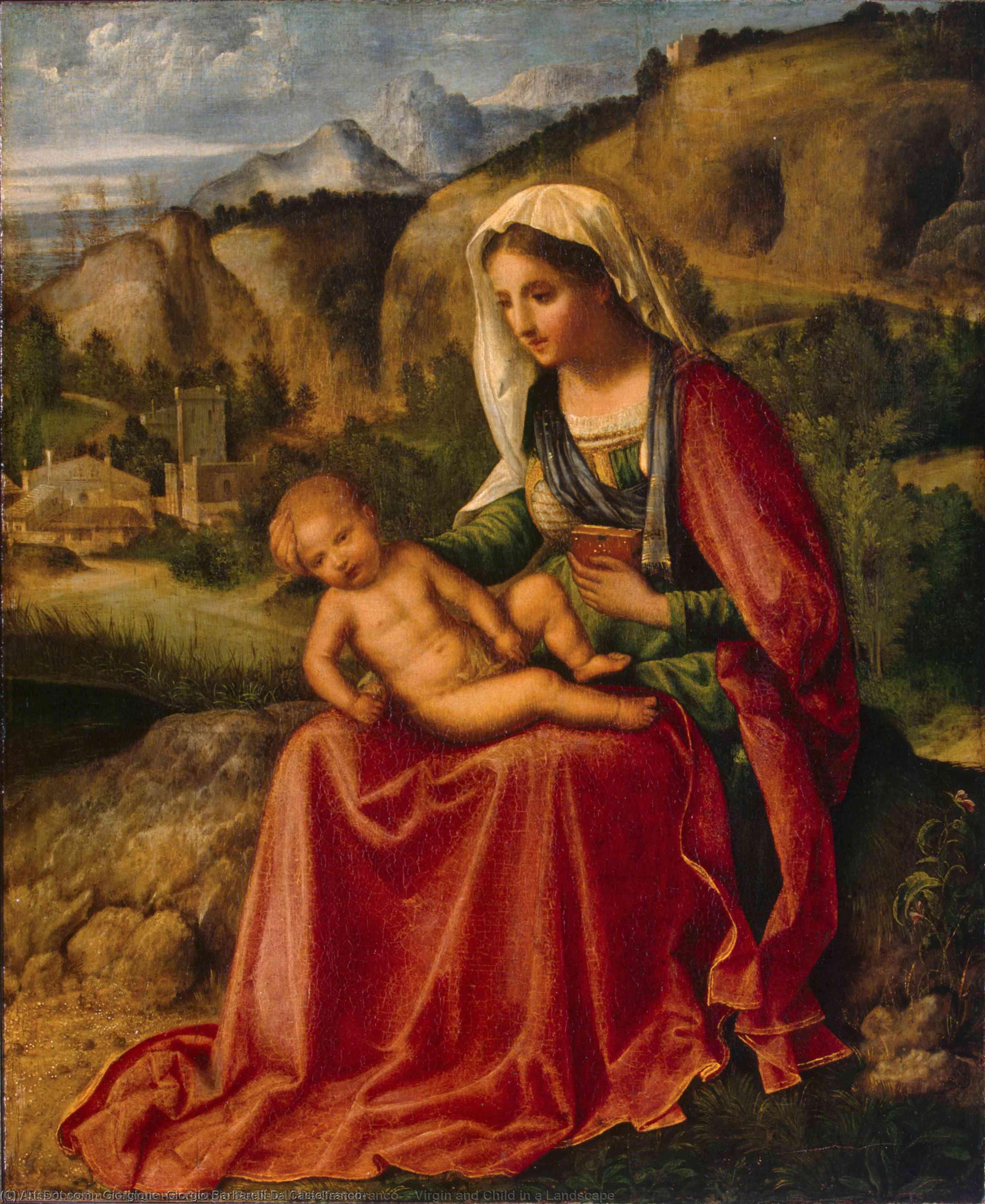 Wikoo.org - موسوعة الفنون الجميلة - اللوحة، العمل الفني Giorgione (Giorgio Barbarelli Da Castelfranco) - Virgin and Child in a Landscape