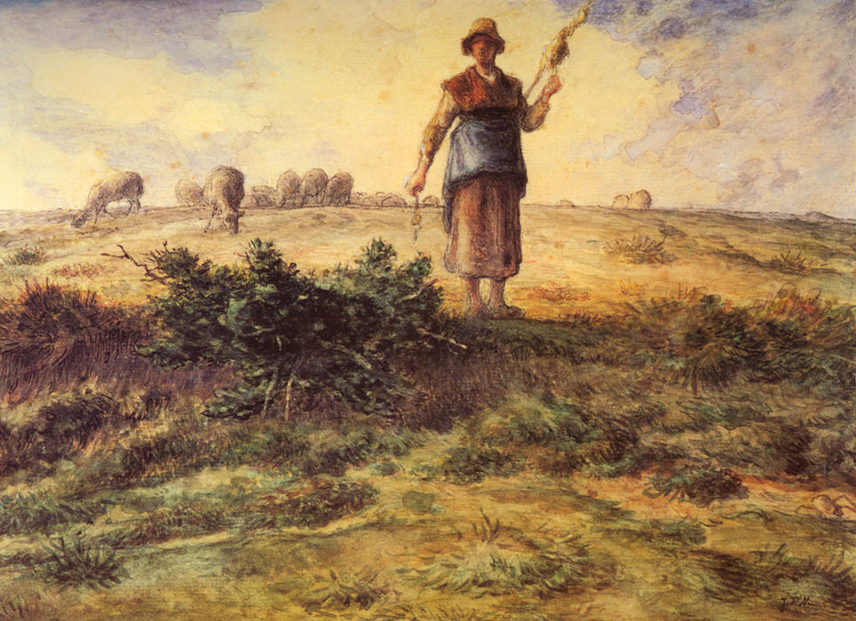 Wikioo.org - The Encyclopedia of Fine Arts - Painting, Artwork by Jean-François Millet - A Shepherdess And Her Flock