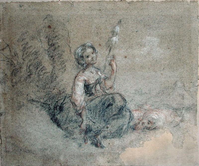 WikiOO.org - Εγκυκλοπαίδεια Καλών Τεχνών - Ζωγραφική, έργα τέχνης Jean-François Millet - A Young Shepherdess Spinning