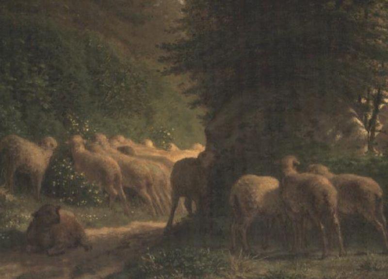 Wikioo.org - The Encyclopedia of Fine Arts - Painting, Artwork by Jean-François Millet - Sheep grazing along a hedgerow