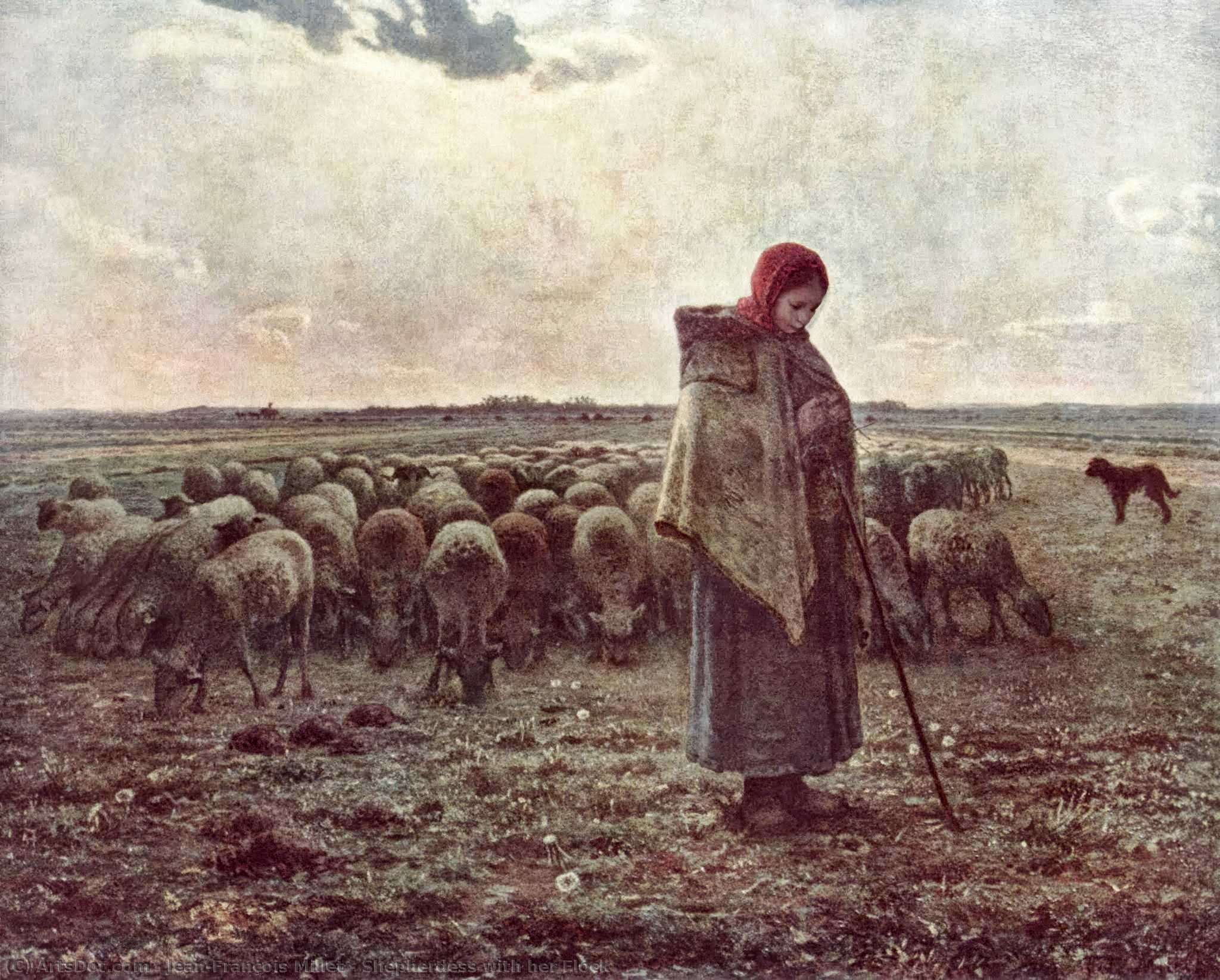 WikiOO.org - دایره المعارف هنرهای زیبا - نقاشی، آثار هنری Jean-François Millet - Shepherdess with her Flock