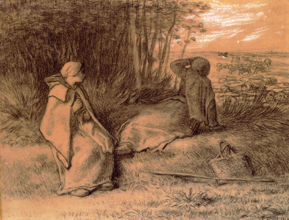 WikiOO.org - Enciklopedija likovnih umjetnosti - Slikarstvo, umjetnička djela Jean-François Millet - Shepherdesses Seated In The Shade