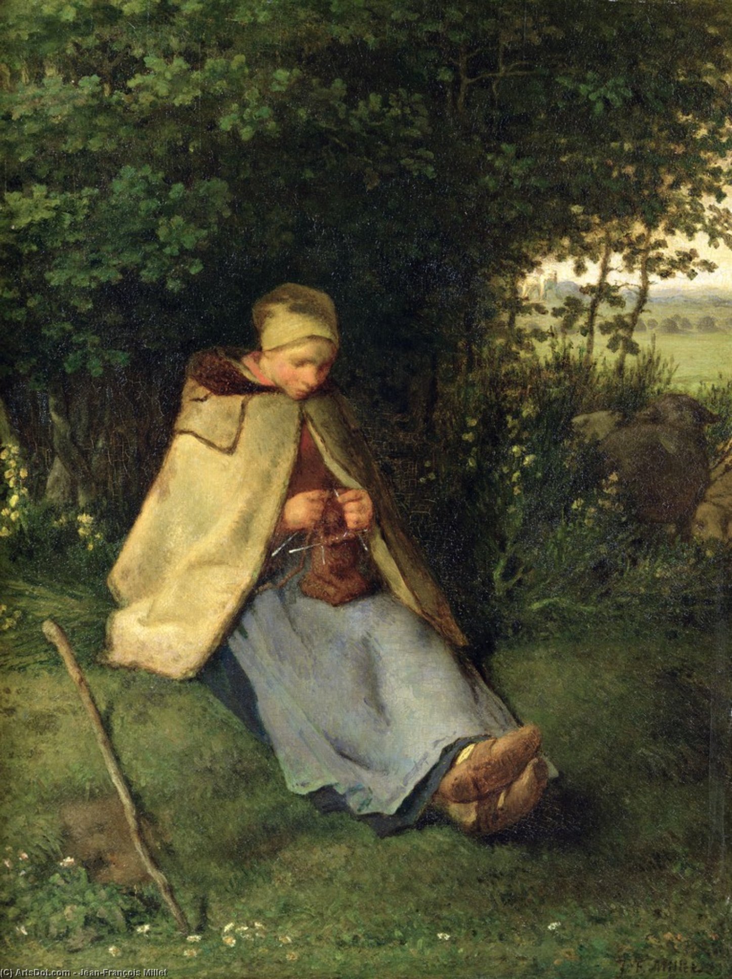 Wikioo.org - The Encyclopedia of Fine Arts - Painting, Artwork by Jean-François Millet - The Knitter, The Seated Shepherdess