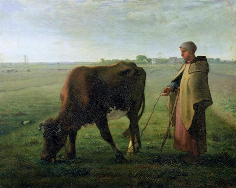 Wikioo.org - The Encyclopedia of Fine Arts - Painting, Artwork by Jean-François Millet - Woman Grazing her Cow