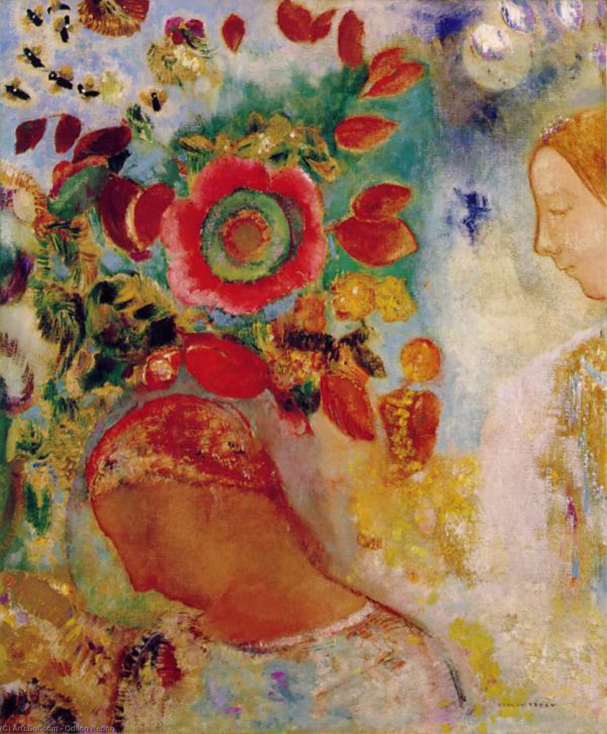 Wikioo.org - The Encyclopedia of Fine Arts - Painting, Artwork by Odilon Redon - Deux jeunes filles en fleurs (Two Young Girls Among Flowers)