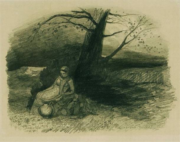 Wikoo.org - موسوعة الفنون الجميلة - اللوحة، العمل الفني Odilon Redon - Frau sich am Fusse eines Baumes ausruhend, einen Tonkrug neben sich