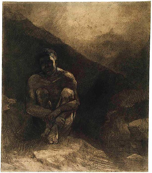 Wikioo.org - Die Enzyklopädie bildender Kunst - Malerei, Kunstwerk von Odilon Redon - primitiv mann sitzend in schatten