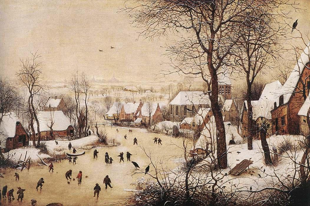 Wikioo.org - Bách khoa toàn thư về mỹ thuật - Vẽ tranh, Tác phẩm nghệ thuật Pieter Bruegel The Elder - Winter Landscape with Skaters and Bird Trap