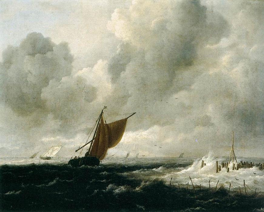 WikiOO.org – 美術百科全書 - 繪畫，作品 Jacob Isaakszoon Van Ruisdael (Ruysdael) - 汹涌的大海与帆船
