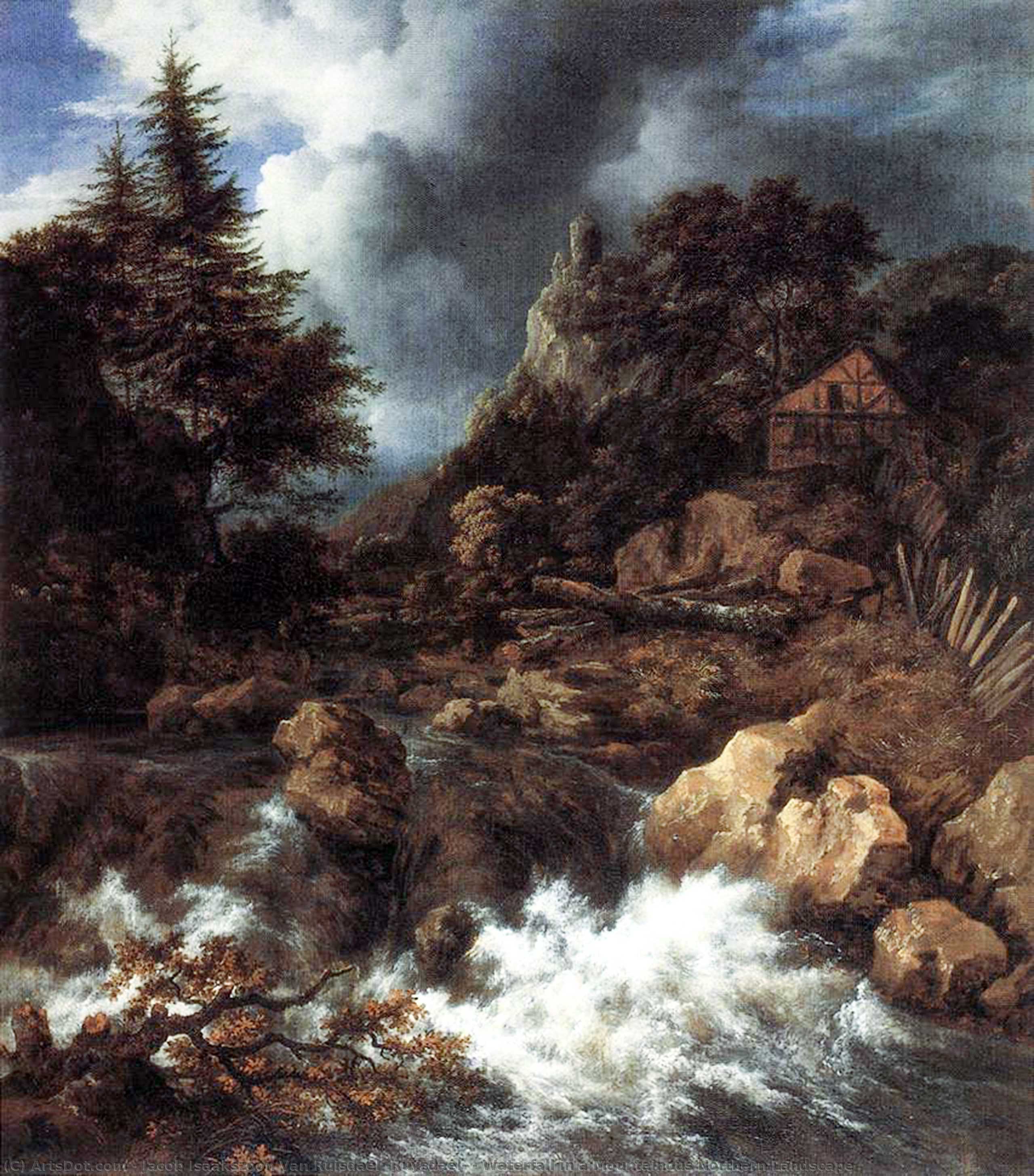 Wikioo.org - The Encyclopedia of Fine Arts - Painting, Artwork by Jacob Isaakszoon Van Ruisdael (Ruysdael) - Waterfall in a Mountainous Northern Landscape