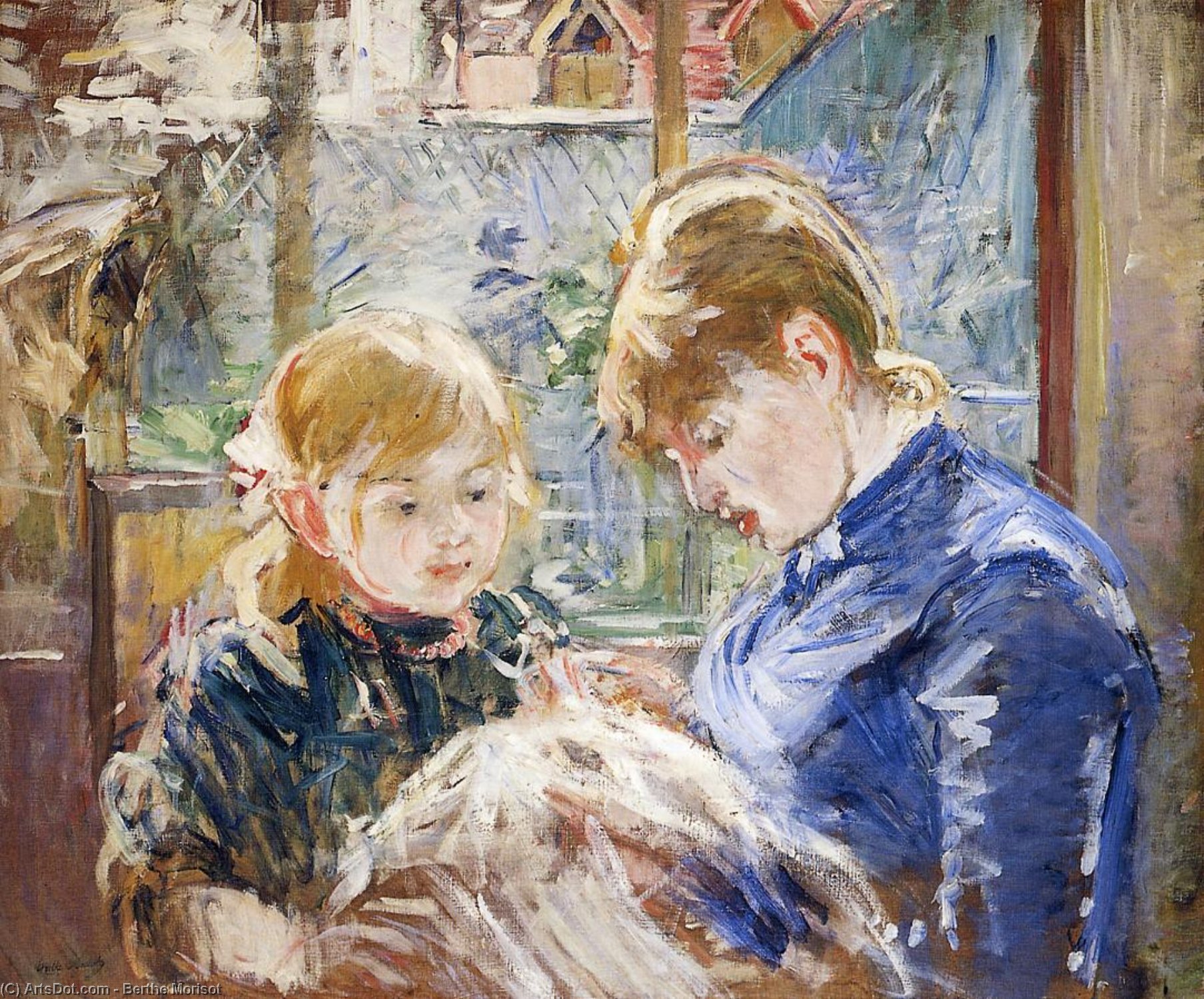 Wikioo.org - The Encyclopedia of Fine Arts - Painting, Artwork by Berthe Morisot - The Artist's Daughter Julie, with Her Nanny (The Sewing Lesson)