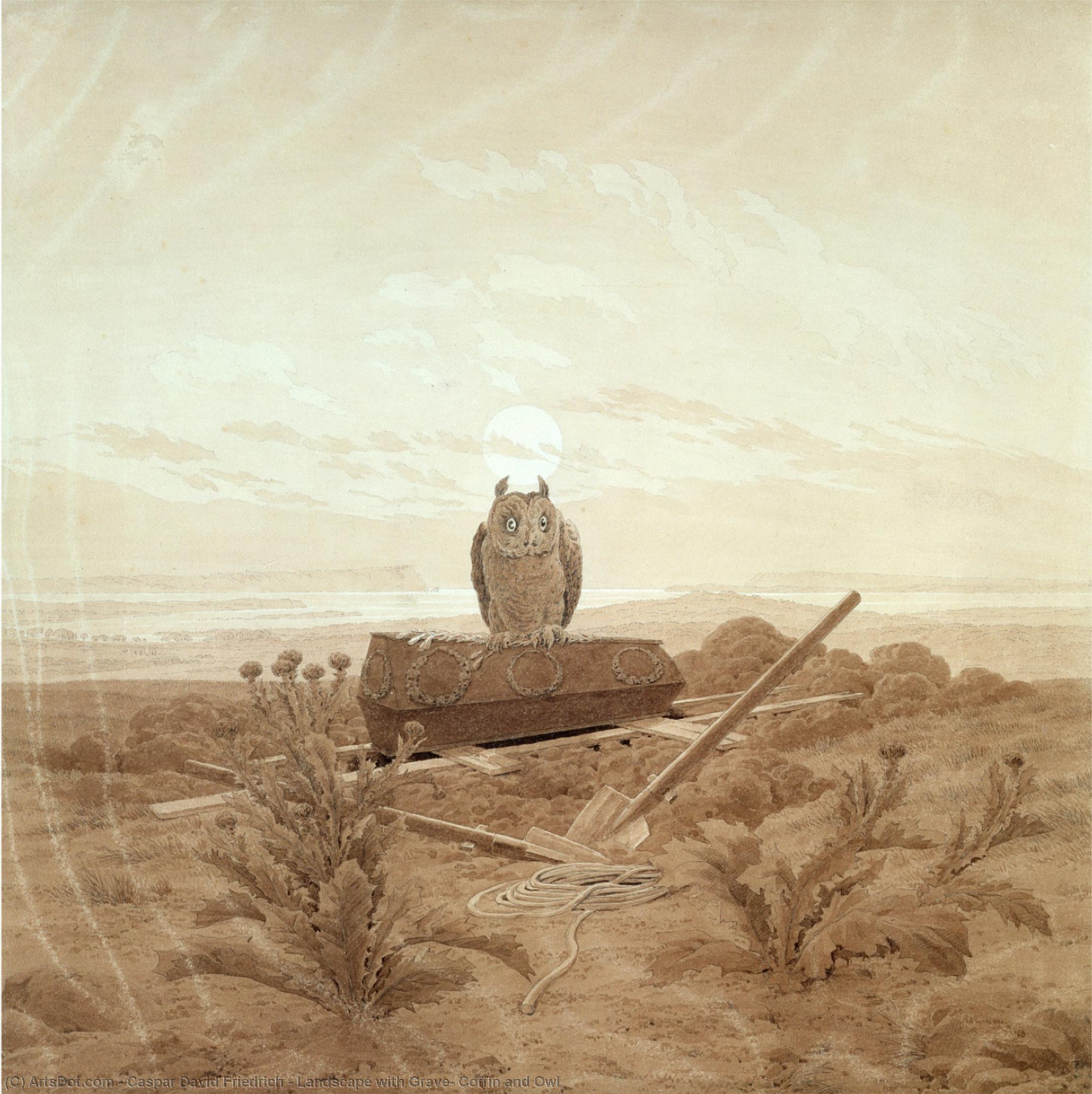 Wikioo.org - The Encyclopedia of Fine Arts - Painting, Artwork by Caspar David Friedrich - Landscape with Grave, Coffin and Owl