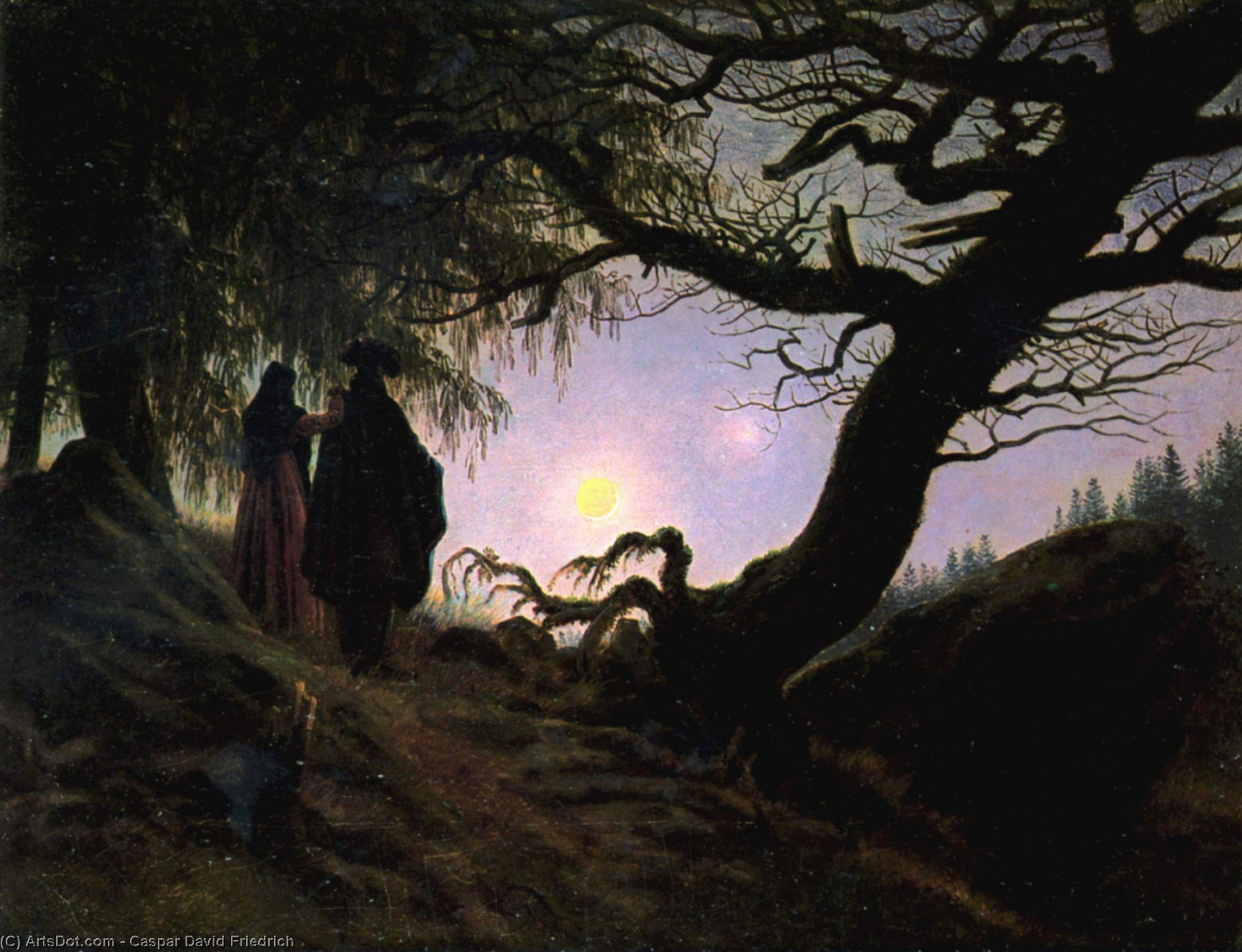 Wikioo.org - Bách khoa toàn thư về mỹ thuật - Vẽ tranh, Tác phẩm nghệ thuật Caspar David Friedrich - Man and Woman Contemplating the Moon