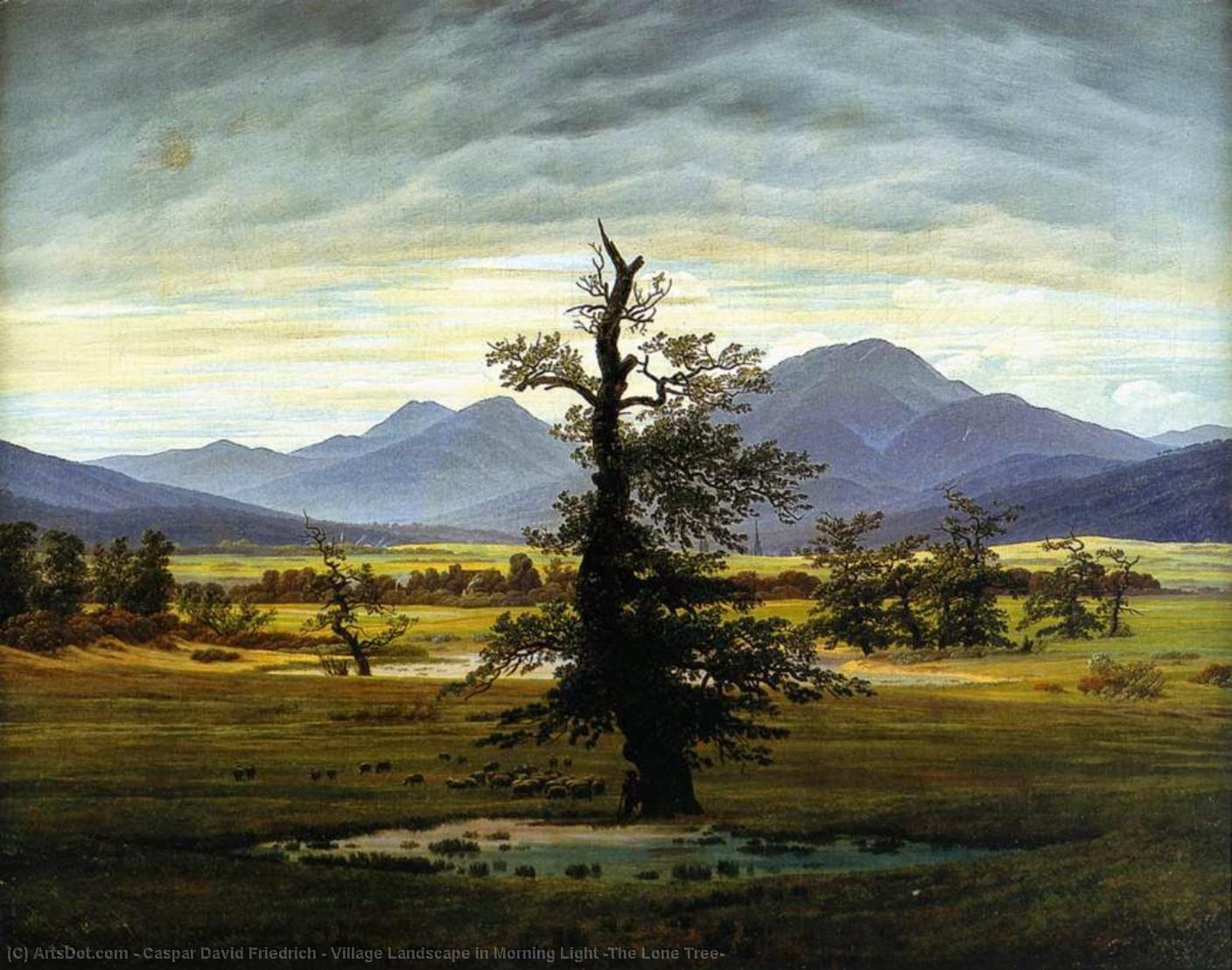 WikiOO.org – 美術百科全書 - 繪畫，作品 Caspar David Friedrich - 村景观 在  上午  光  的  孤单  树