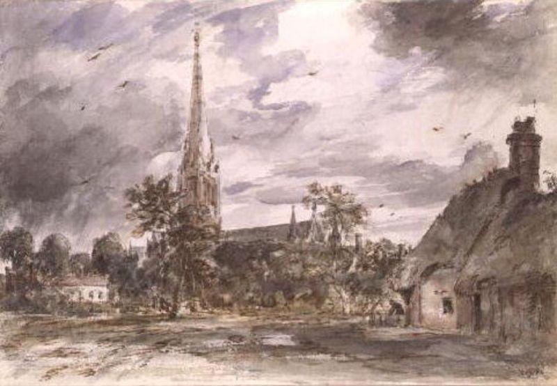 Wikioo.org - The Encyclopedia of Fine Arts - Painting, Artwork by John Constable - Salisbury Cathedral with cottages