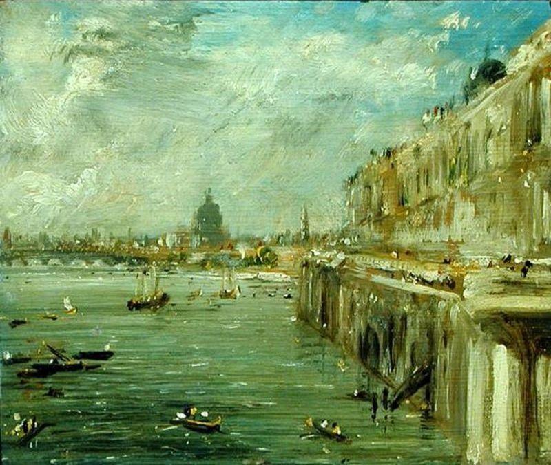 Wikioo.org - The Encyclopedia of Fine Arts - Painting, Artwork by John Constable - Somerset House Terrace and the Thames A View from the North End of Waterloo Bridge with St. Paul's Cathedral in the distance